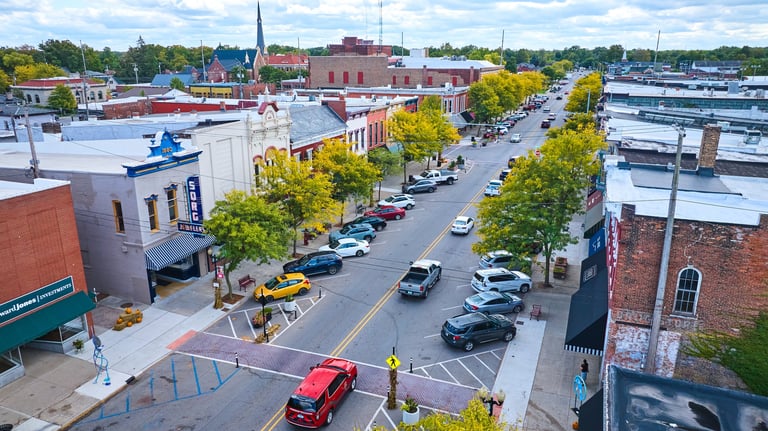 Bustling downtown main street of a small town