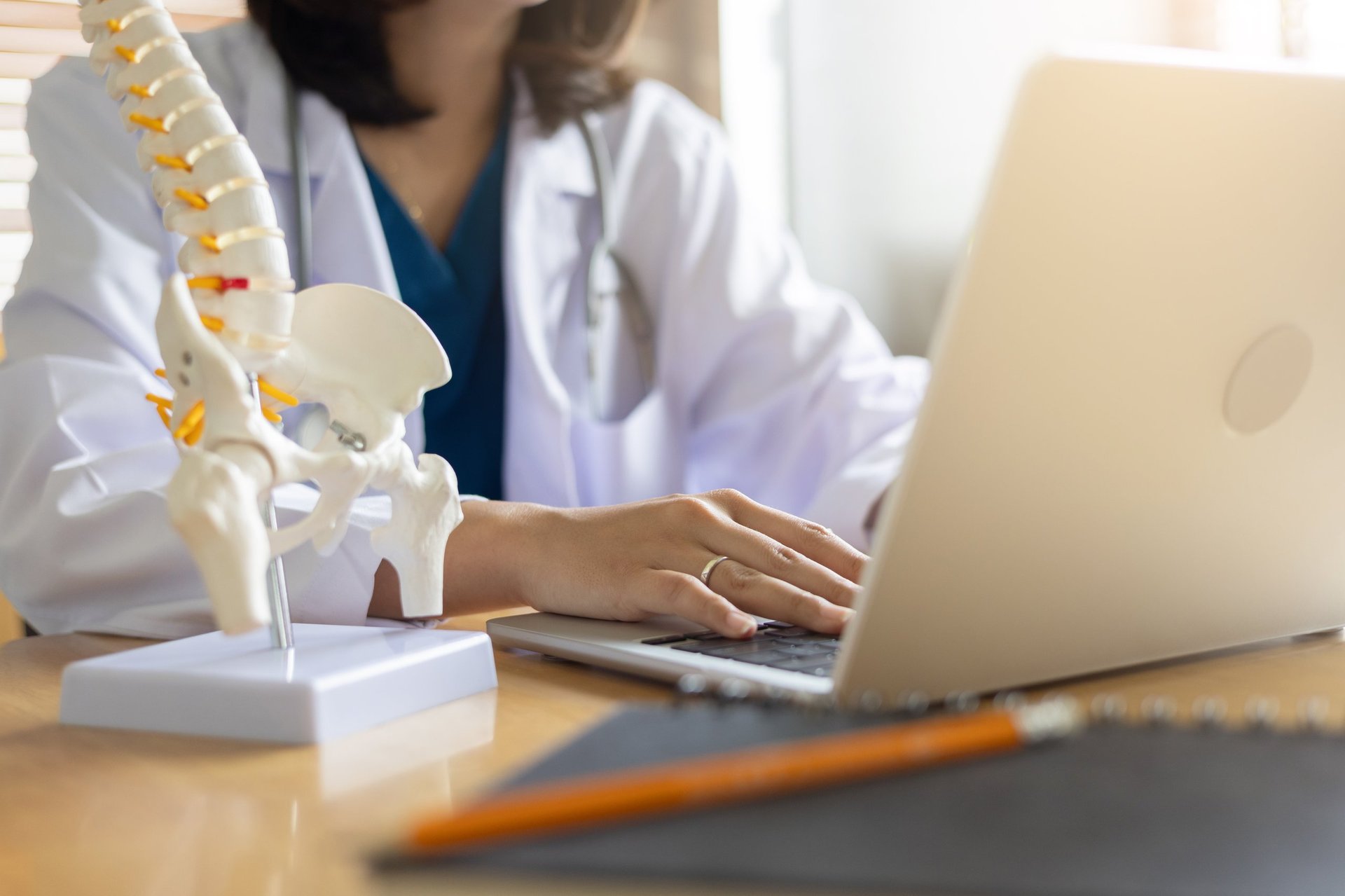 Physical therapist typing on laptop with human skeleton anatomy model for patient consultation