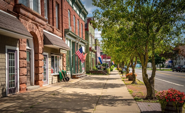 Charming small town main street with local storefronts