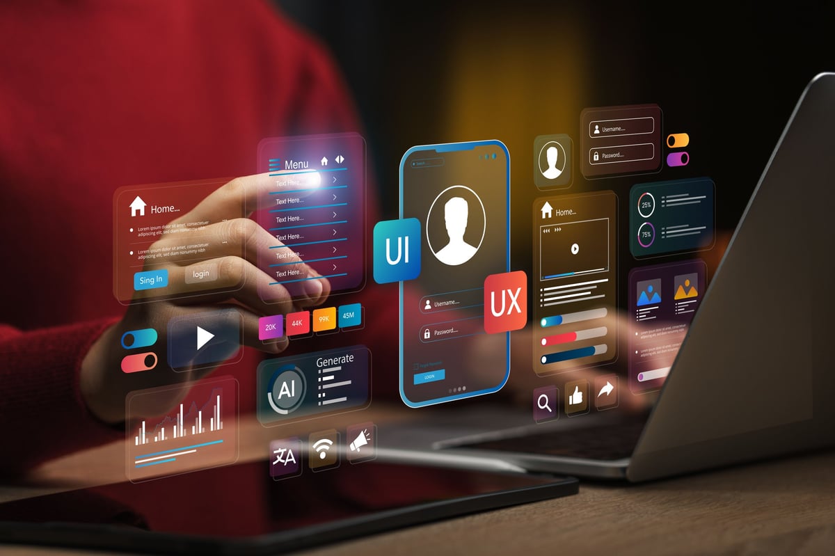 Holographic UI-UX display with design icons, data visualization, and creative planning concepts