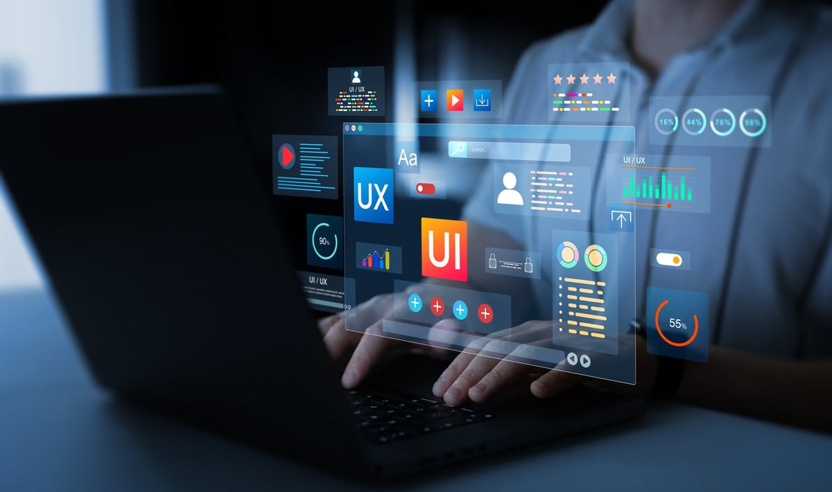 Holographic UI displaying web design concepts with data visualization and modern website layouts