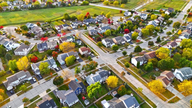 Aerial view of a suburban neighborhood community