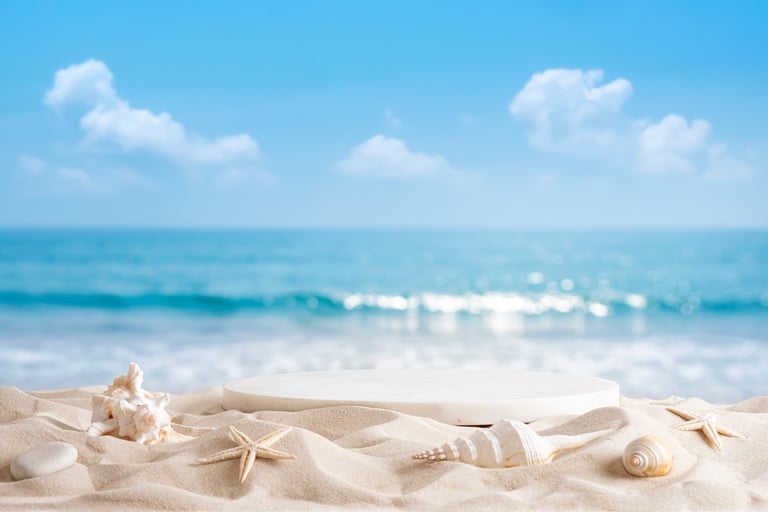 Coastal beach scenery with shells on sand over tropical summer sea background