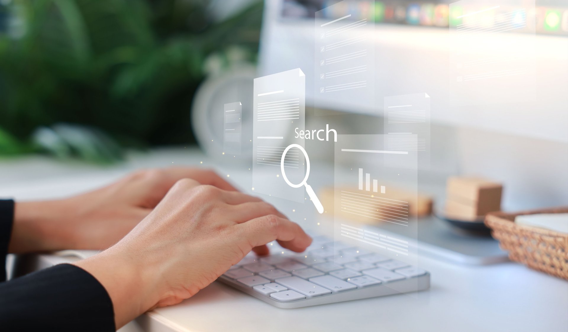 Hands typing on keyboard with search bar overlay representing online search and digital marketing