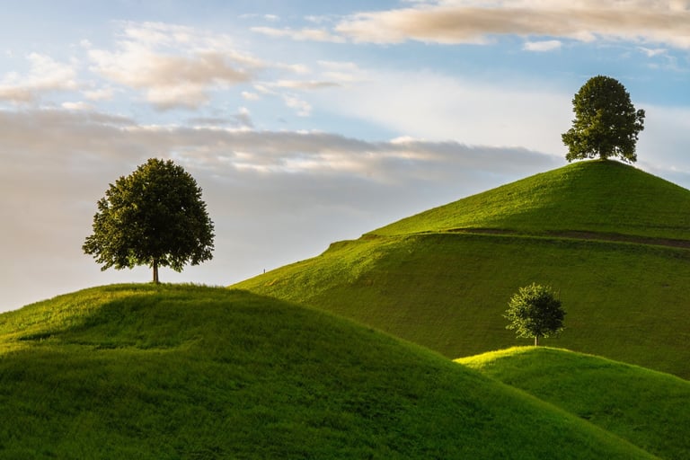 Rolling green hills and countryside farmland