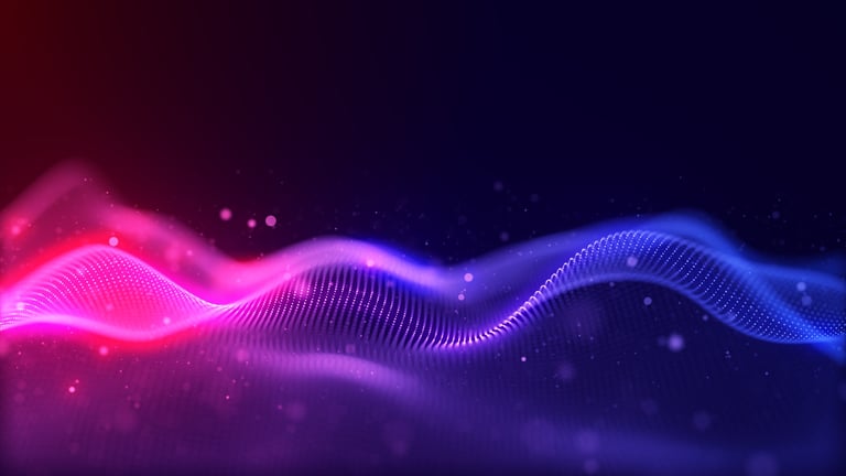 Abstract digital wave background with neon gradient colors and glowing particles