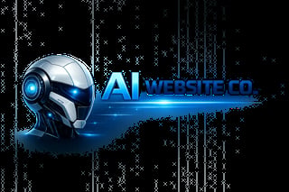 Futuristic AI robot head with glowing blue eye next to AI Website Co logo on dark digital background