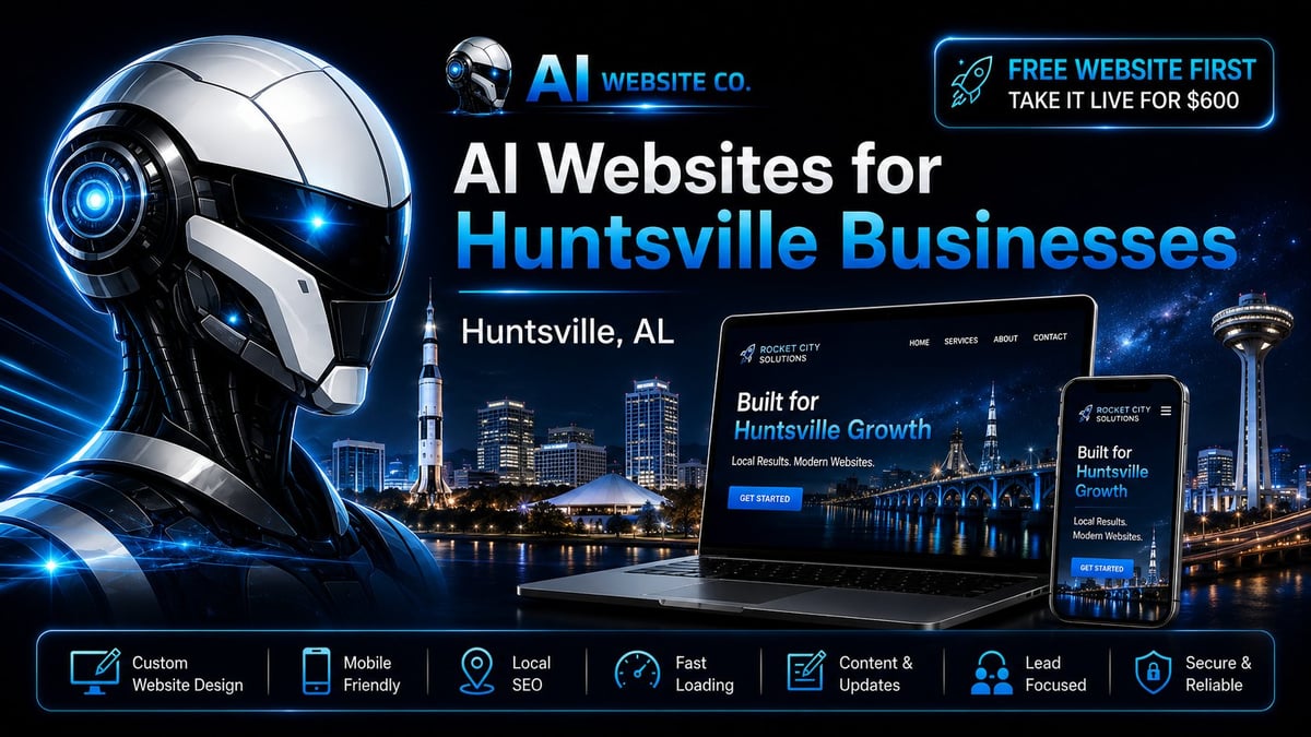 AI-powered robot head with Huntsville skyline, promoting AI website design services for local businesses with features like mobile-friendly design and SEO