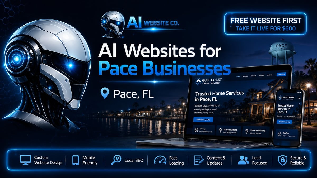 AI Website Co. promotional banner showcasing web design services for Pace, FL businesses with robot mascot and responsive website mockups.