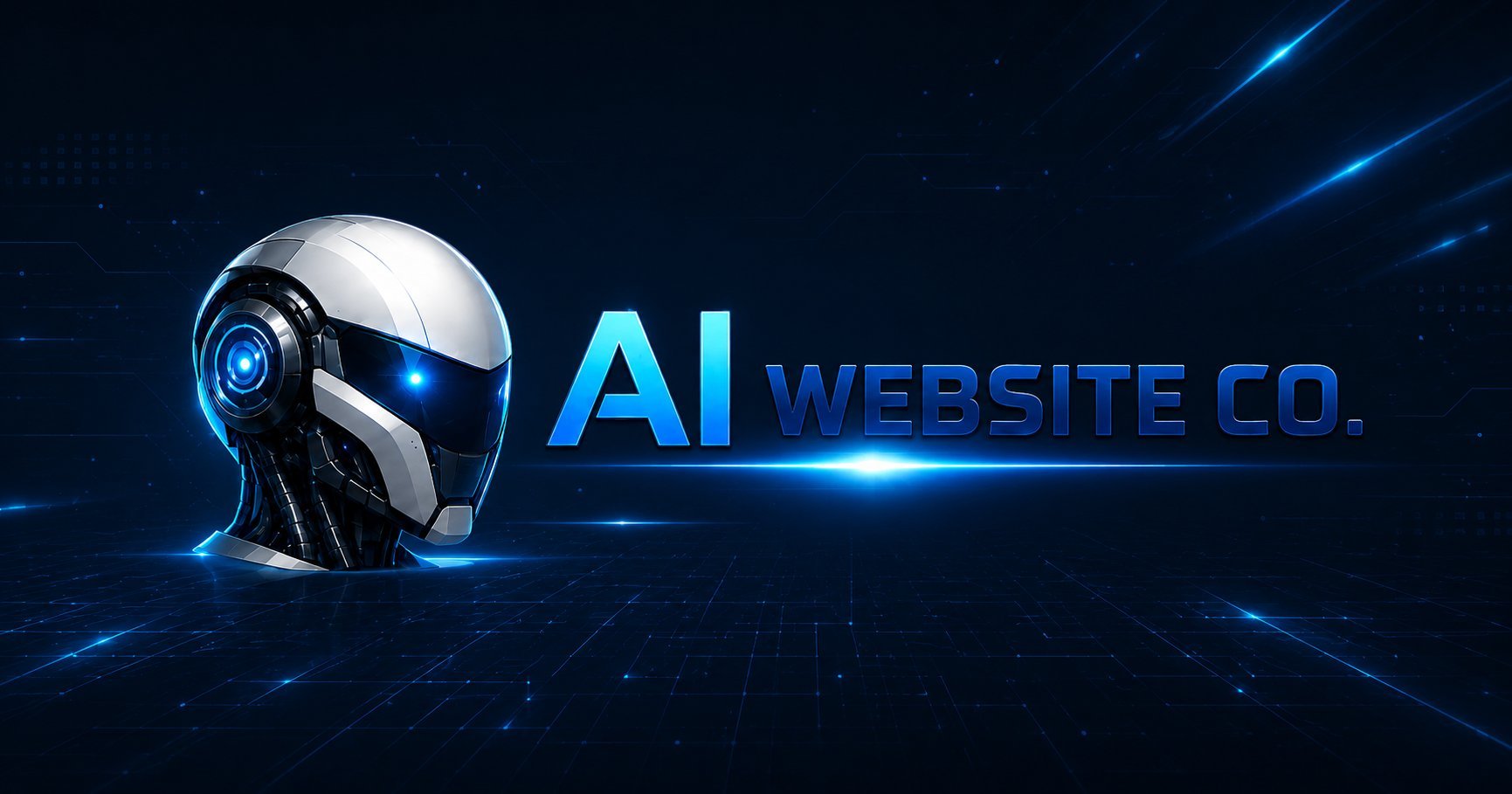 Futuristic AI robot head with glowing blue eye next to AI Website Co. text on dark tech background