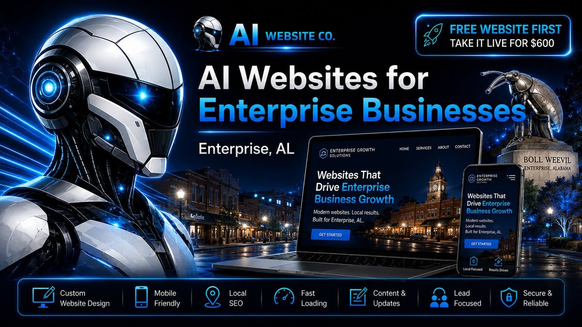AI robot head with blue accents next to website mockups promoting AI Websites for Enterprise Businesses from Enterprise, AL
