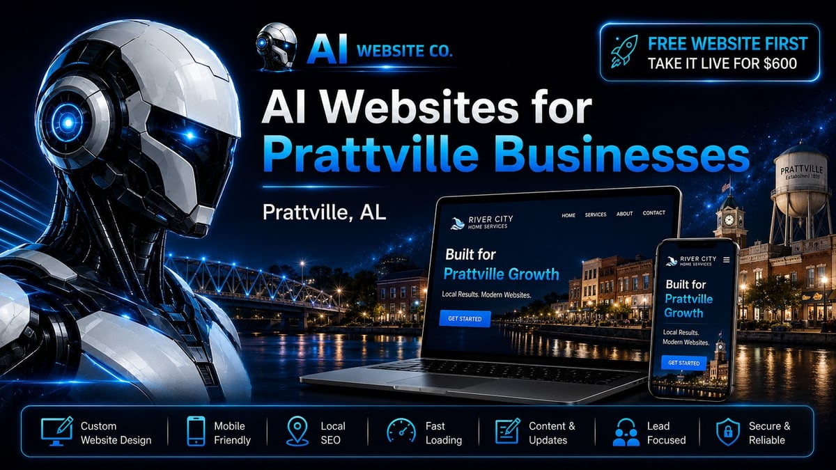 AI Website Co promotional banner for Prattville businesses featuring a robot head, nighttime city skyline, and website services offered