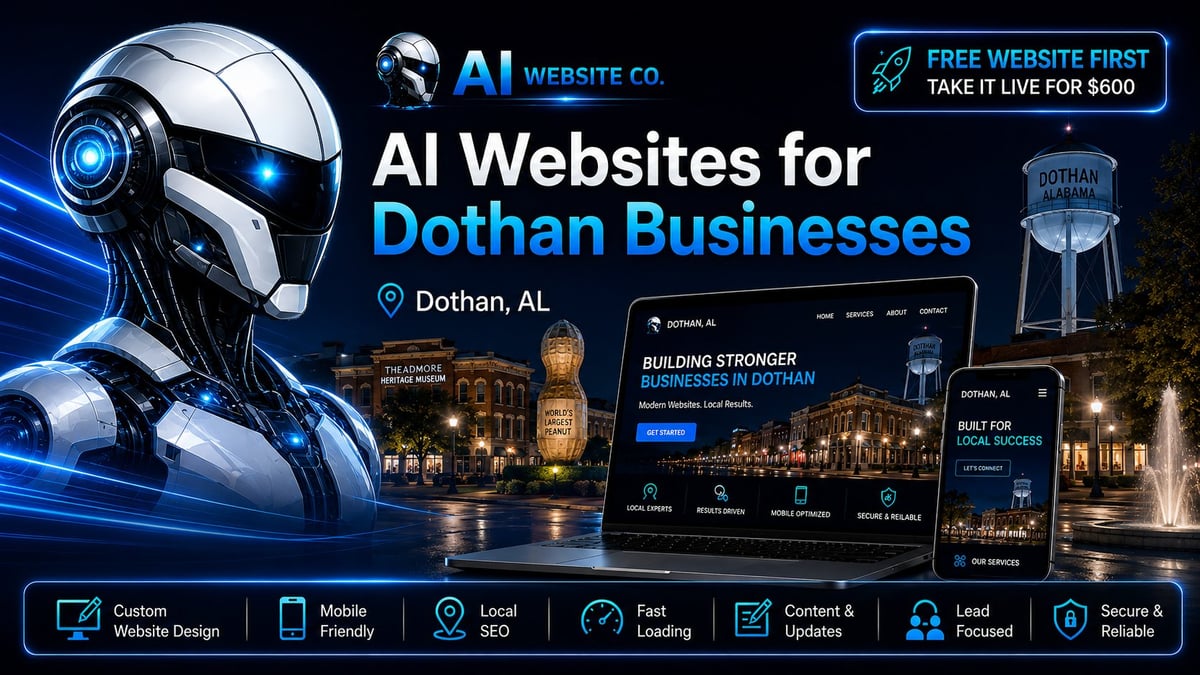 AI Websites for Dothan Businesses promotional banner featuring robot head, Dothan AL cityscape, and website mockups on devices