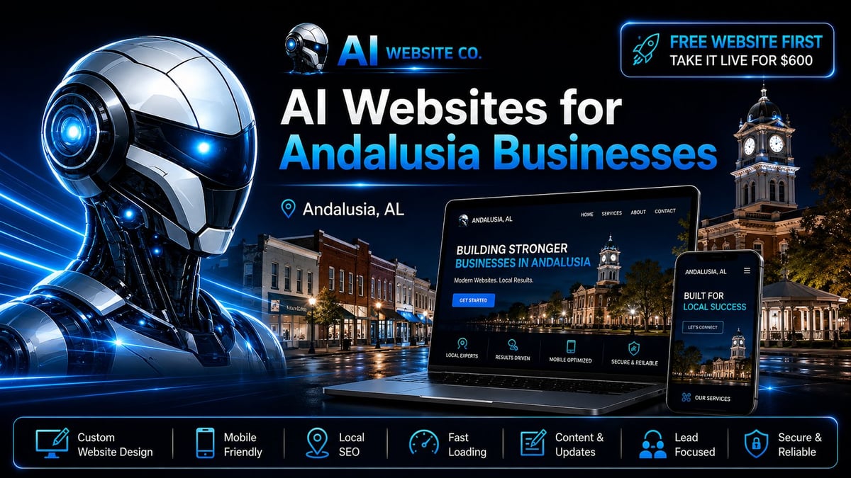 AI Websites for Andalusia Businesses promotional banner with robot head, website mockup, and local business imagery