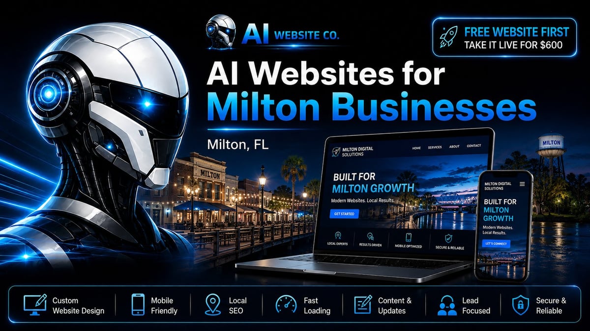 AI Websites for Milton Businesses - futuristic robot head with blue glowing elements, Milton waterfront scene, and website mockups showcasing web design services
