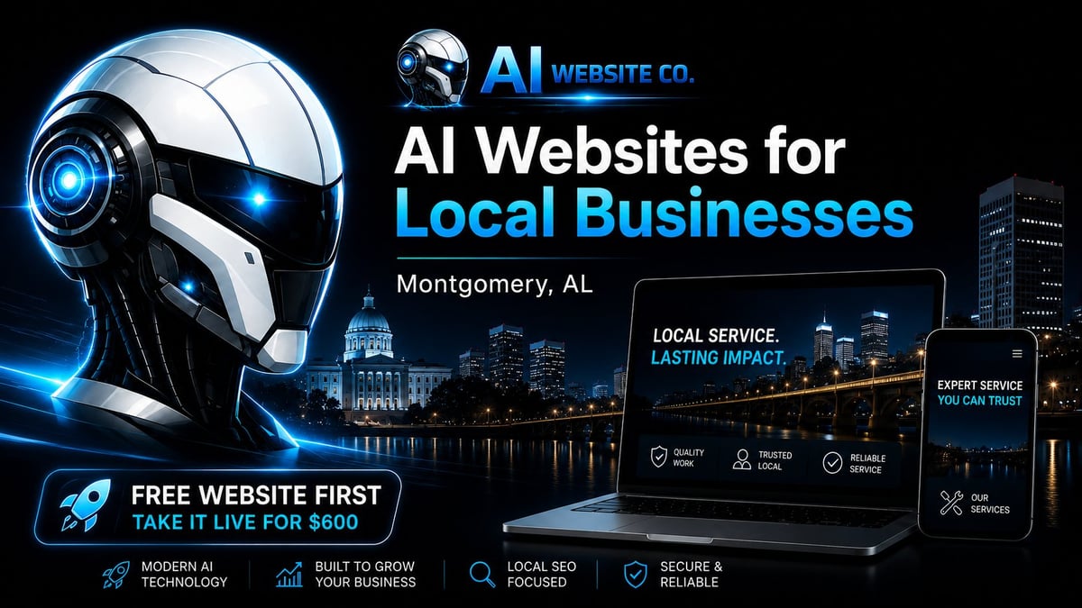 AI Website Co logo with robot head and blue lighting next to laptop displaying AI website design for Montgomery, AL local businesses