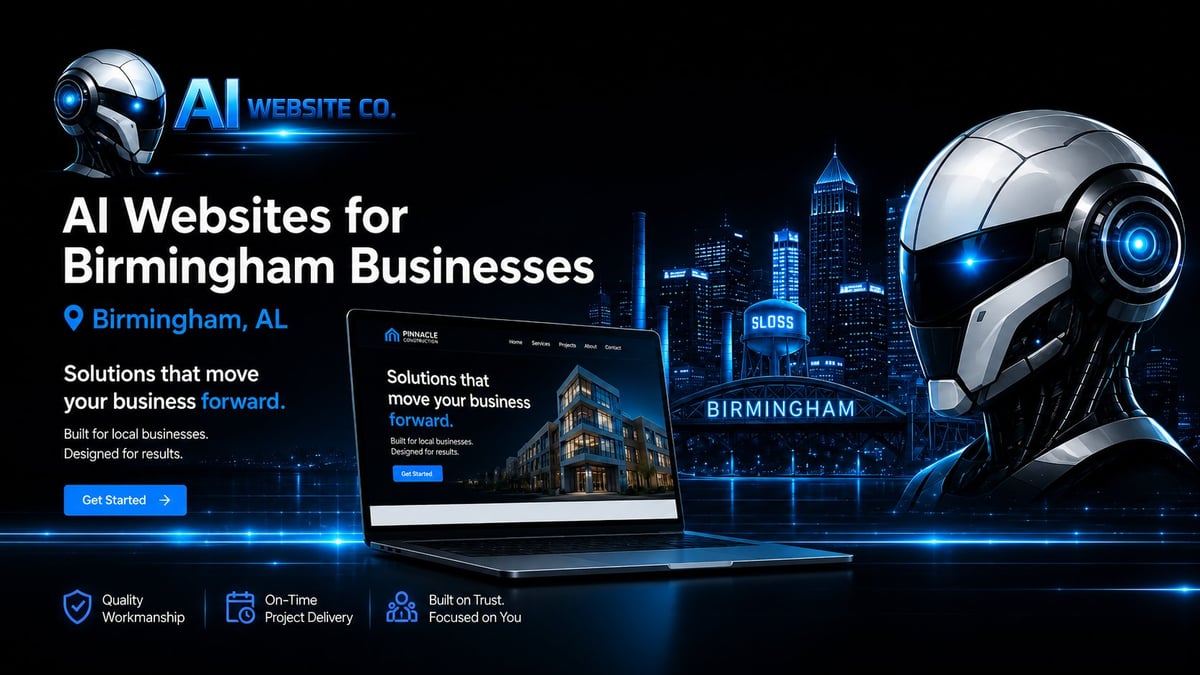 AI Website Co. logo and promotional banner for Birmingham businesses featuring futuristic robot, city skyline, and service highlights