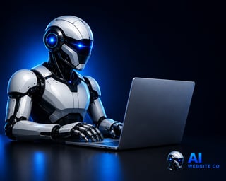 Futuristic white and black robot with glowing blue eyes using a laptop against a dark blue background