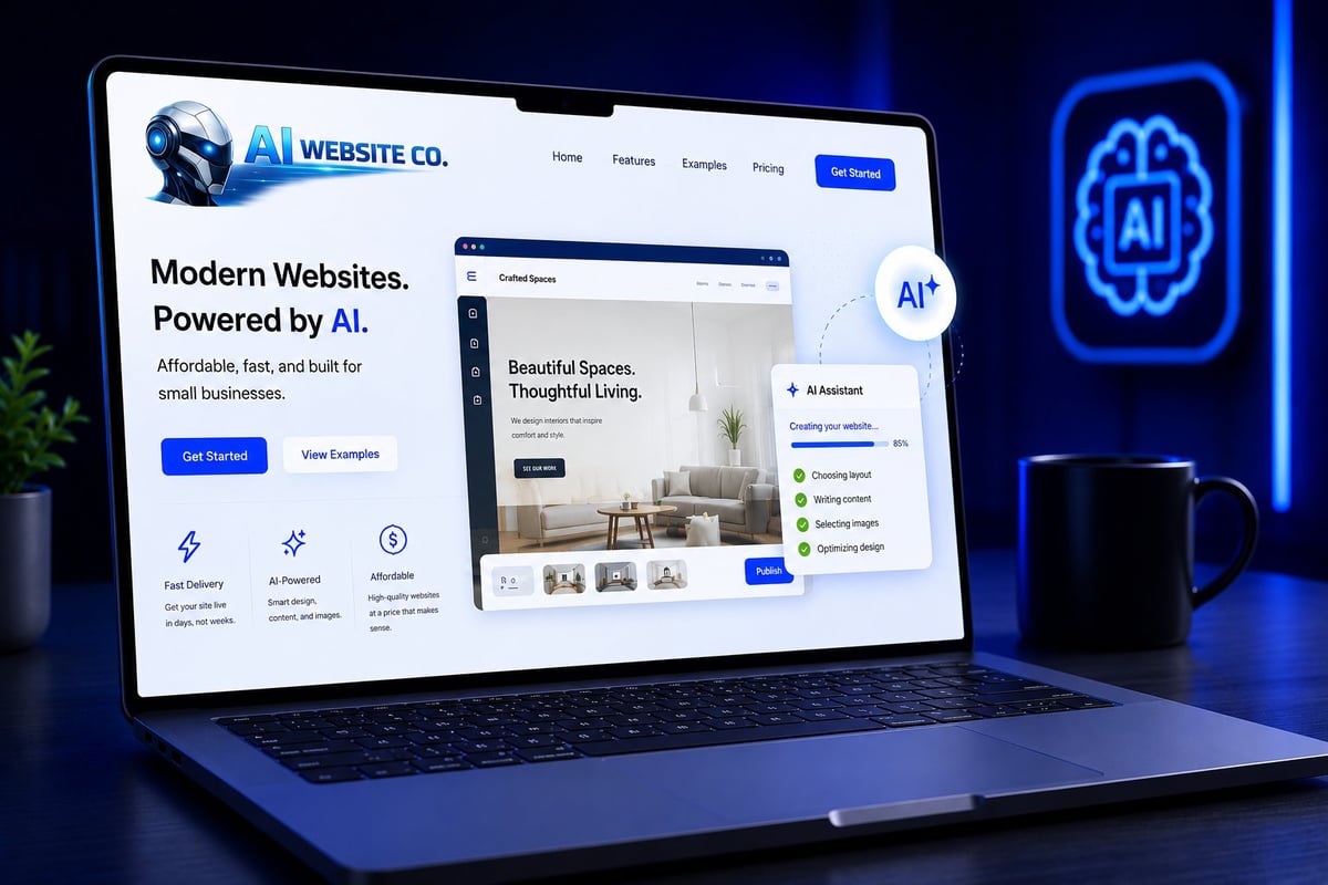 Laptop displaying AI Website Co. homepage with modern web design interface, featuring AI-powered website creation tools for businesses.
