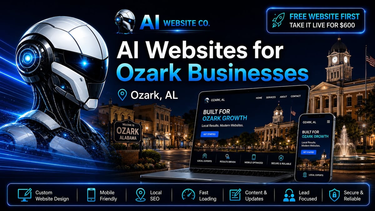 AI Website Co promotional image featuring futuristic robot and Ozark downtown, advertising web design services for local businesses