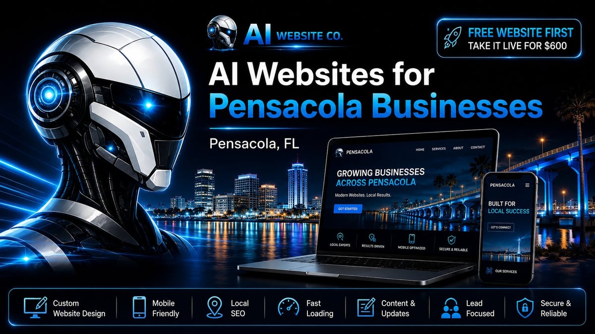 AI website design service for Pensacola businesses featuring robot head, city skyline, and website mockup with promotional offer