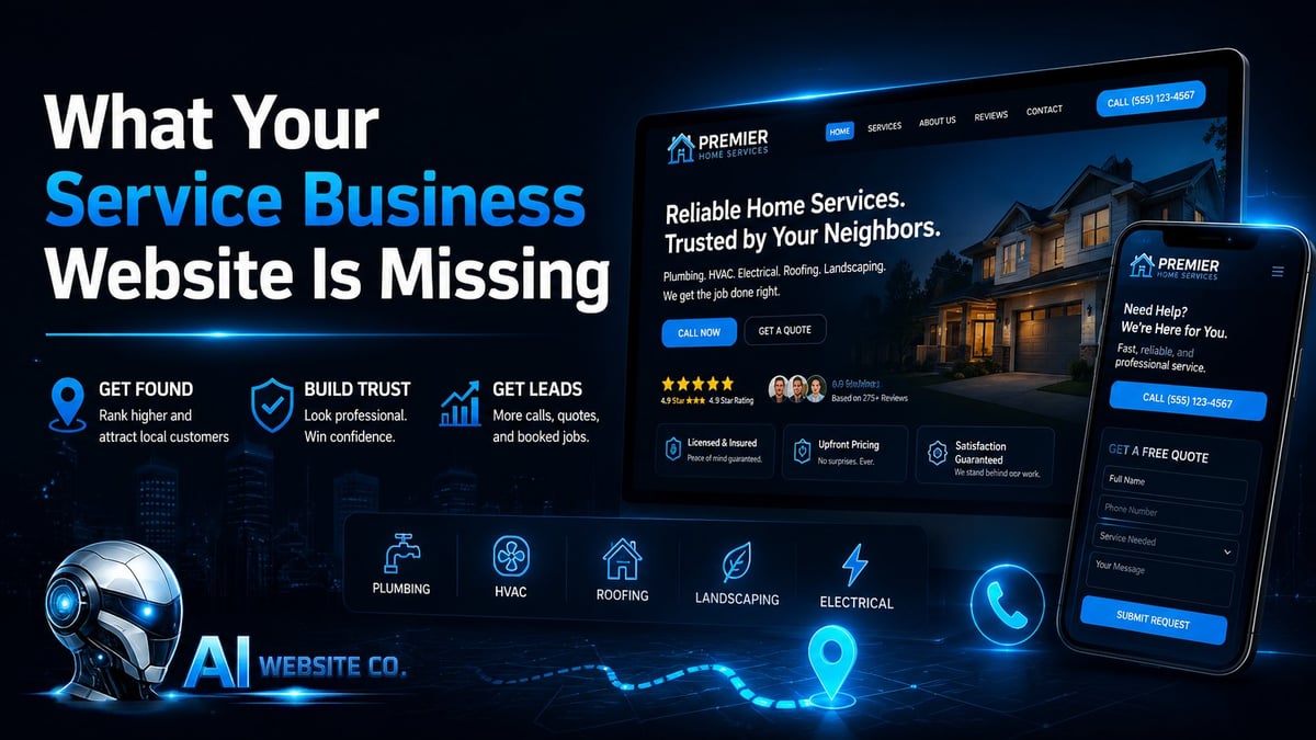Marketing mockup showing service business website design with desktop and mobile layouts featuring home services platform with trust elements and call-to-action buttons